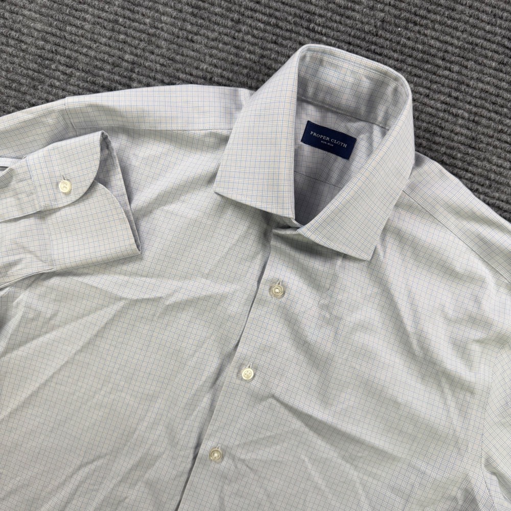 Proper Cloth Blue White Glen Plaid Non-Iron Dress Shirt Mens 15.2 32.7 Stretch